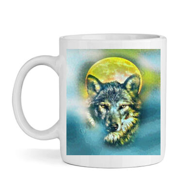 wolf yellow moon - High quality ceramic white mug Thumbnail
