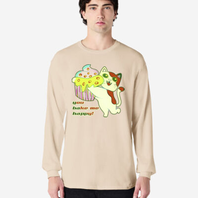 Cute Cat Cupcake Design - Adult Cotton Long Sleeve T-Shirt Thumbnail