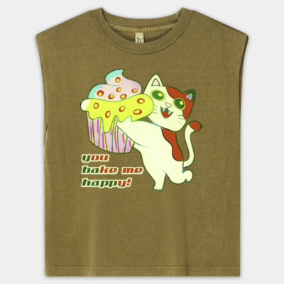 Cute Cat Cupcake Design - Women's Garment Dyed Muscle Tee Thumbnail