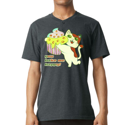 Cute Cat Cupcake Design -  Unisex Relaxed-Fit Henley T-Shirt Thumbnail