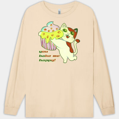 Cute Cat Cupcake Design - Heavyweight Cotton Unisex Long Sleeve T-Shirt Thumbnail
