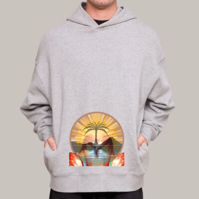 Tropical Flamingo Heart Sunset Merch - Longline Hoodie Fleece  Thumbnail