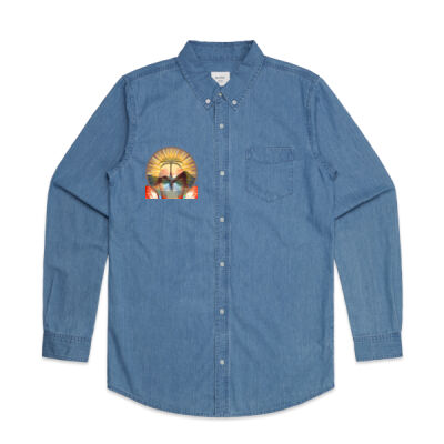 Tropical Flamingo Heart Sunset Merch - Mens Blue Denimshirt Thumbnail