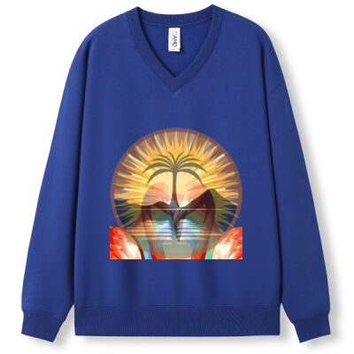 Tropical Flamingo Heart Sunset Merch - Men's/Unisex V-neck Fleece Thumbnail