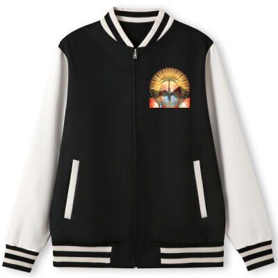 Tropical Flamingo Heart Sunset Merch - 500gsm Men's/Unisex Wool Blend Soft Shell Varsity Jacket Thumbnail