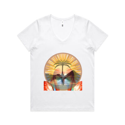 Tropical Flamingo Heart Sunset Merch - Womens Maple V Neck Tee Thumbnail