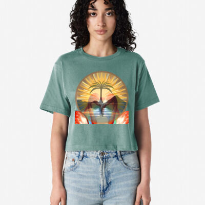 Tropical Flamingo Heart Sunset Merch - Fine Jersey Women's Boxy Cropped T-Shirt Thumbnail