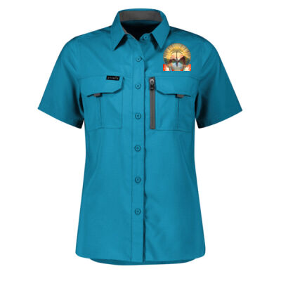 Tropical Flamingo Heart Sunset Merch -  Womens Outdoor Short Sleeve Shirt Thumbnail