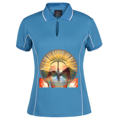 Tropical Flamingo Heart Sunset Merch - Podium Ladies Piping Polo Thumbnail