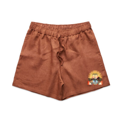 Tropical Flamingo Heart Sunset Merch - Wo's Linen Shorts Thumbnail