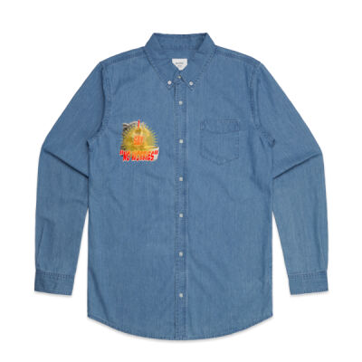 Funny cat illustration with coffee and sunburst - Mens Special Tee - Mens Blue Denimshirt Thumbnail