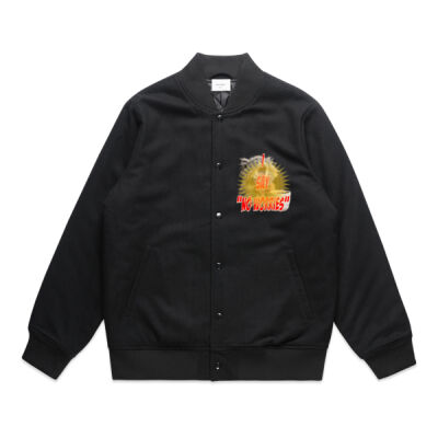 Funny cat illustration with coffee and sunburst - Mens Special Tee - Mens Felt Bomber Jacket Thumbnail