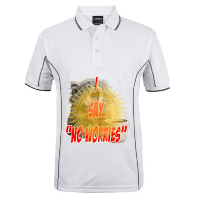 Funny cat illustration with coffee and sunburst - Mens Special Tee - Podium S/S Piping Polo Thumbnail