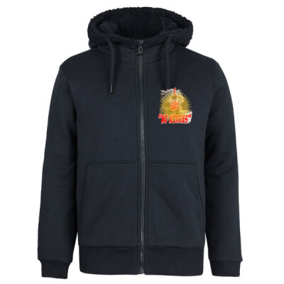 Funny cat illustration with coffee and sunburst - Mens Special Tee - Premium Full Zip 670gsm Shepherd Hoodie Thumbnail