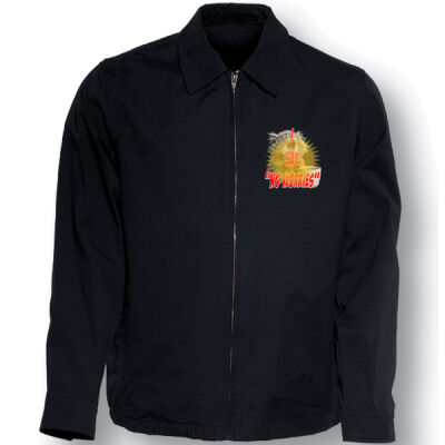 Funny cat illustration with coffee and sunburst - Mens Special Tee - Unisex Adults Canvas Jacket Thumbnail