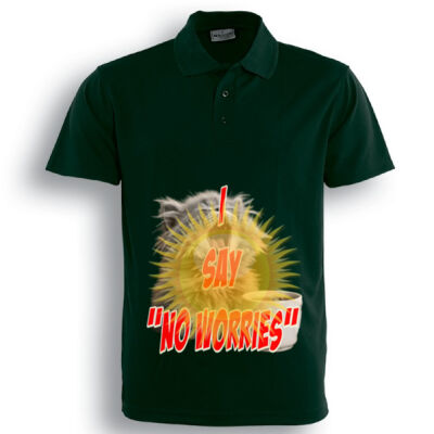 Funny cat illustration with coffee and sunburst - Mens Special Tee - Men's Adults Basic Polo Thumbnail