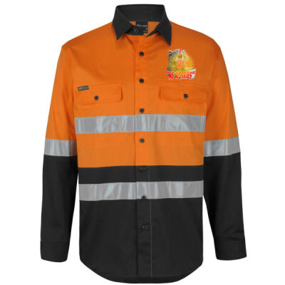 Funny cat illustration with coffee and sunburst - Mens Special Tee - Hi Vis (D+N) L/S Stretch Work Shirt Thumbnail