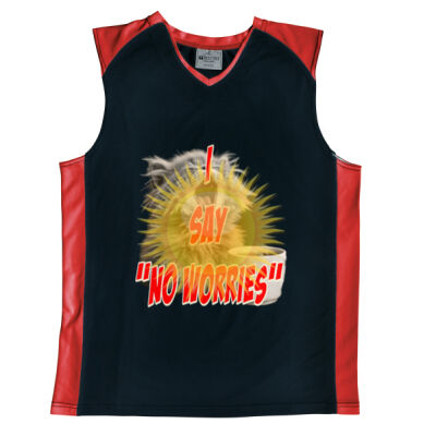 Funny cat illustration with coffee and sunburst - Mens Special Tee - Mens Basketball Singlet Thumbnail
