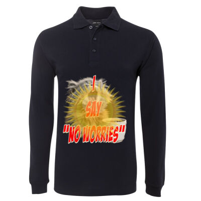 Funny cat illustration with coffee and sunburst - Mens Special Tee - L/S 210 Polo Thumbnail