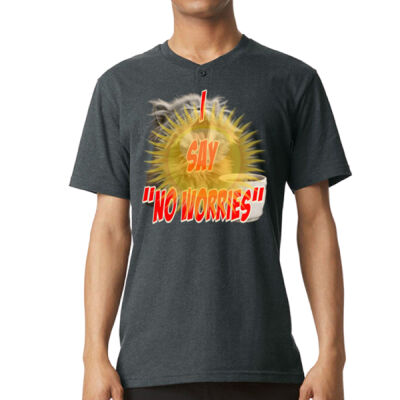 Funny cat illustration with coffee and sunburst - Mens Special Tee -  Unisex Relaxed-Fit Henley T-Shirt Thumbnail