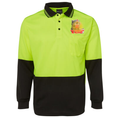 Funny cat illustration with coffee and sunburst - Mens Special Tee - HV L/S Trad Polo Thumbnail