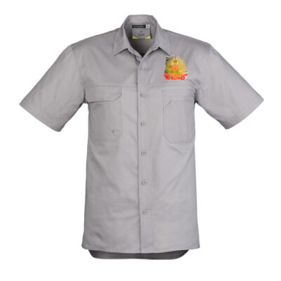 Funny cat illustration with coffee and sunburst - Mens Special Tee - Mens Lightweight Tradie Short Sleeve Shirt Thumbnail